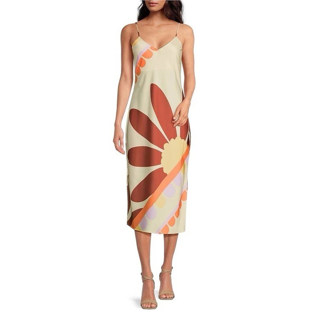Gianni Bini Dress Sz 6 Floral Butter Yellow Satin Sexy Classy Old Money Midi Y2K - Picture 1 of 8